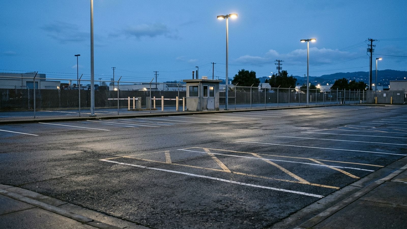 An empty asphalt parking lot in the blue light before sunrise, painted bay markings and a low fence, overhead lighting still on, no vehicles or people in frame