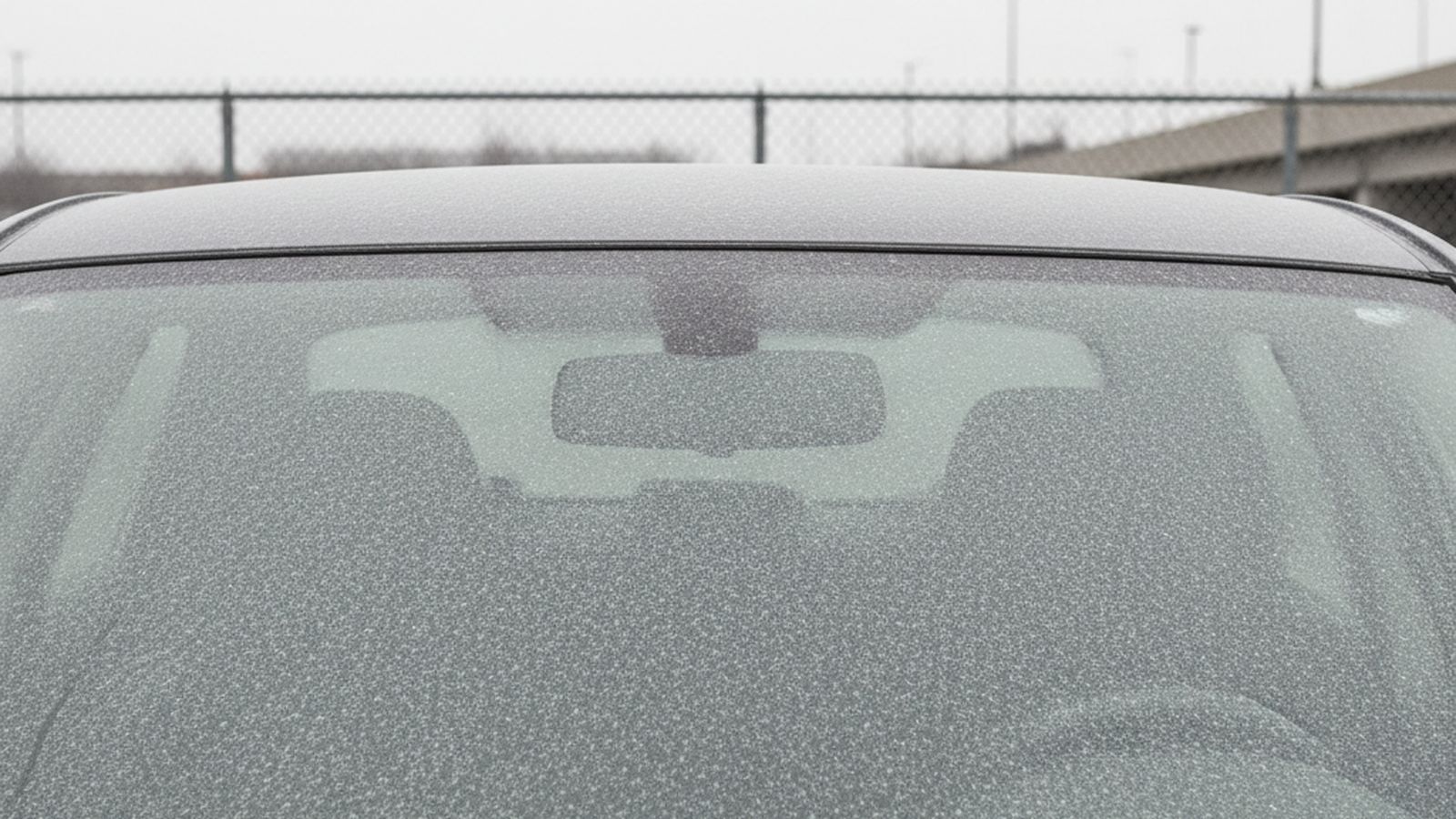 A close view of a car windshield covered in a fine grey film of salt and road dust after standing outdoors, wipers at rest, flat overcast light, no license plate or badge visible